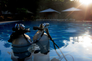 Sidemount diving tanks in Bunaken, Indonesia