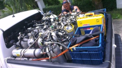 Divers packing Blue Label Truck for Cave expeditions